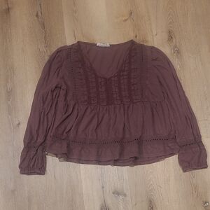 Brownish Burgundy V-Neck Peasant Blouse - Women